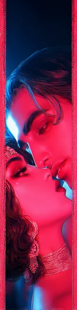 Free dark romance bookmark featuring a couple with red-toned skin leaning back